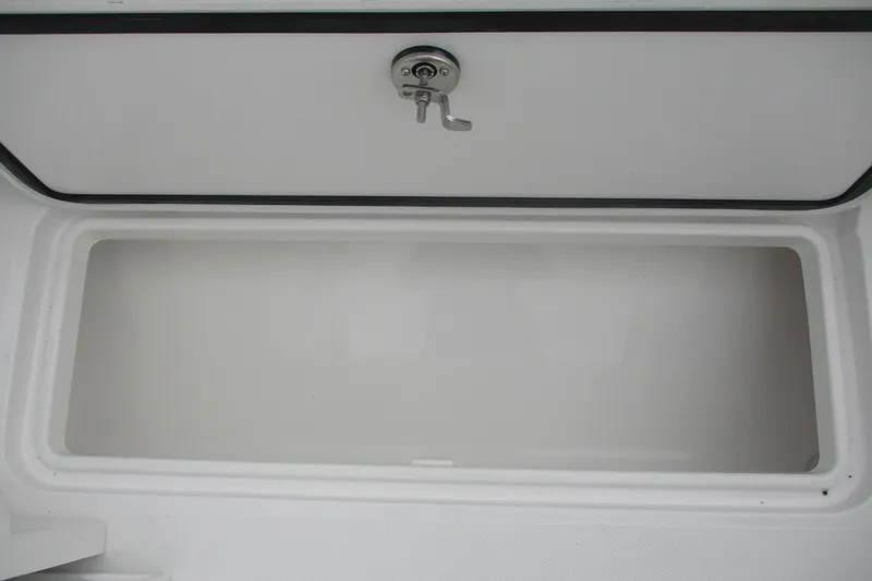 Slide: The Image of Storage compartment of 2026 Bluewater 25t boat, featuring a secure latch. - 13