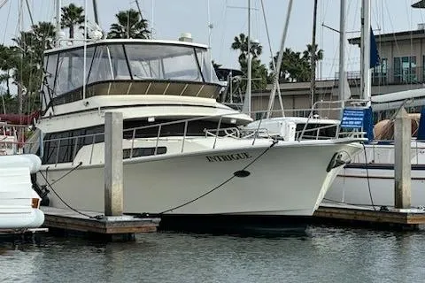 Slide: The Image of 1999 Mikelson 50 Sportfisher yacht docked at marina, surrounded by sailboats and palm trees. - 11