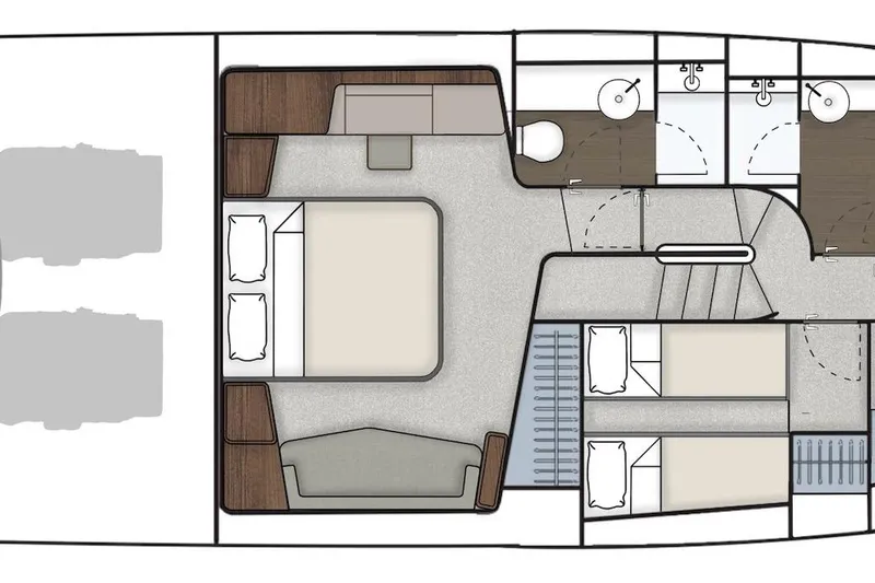 Slide: The Image of Floor plan of 2026 Fairline 58 GTO yacht, featuring bedrooms and bathrooms. - 4