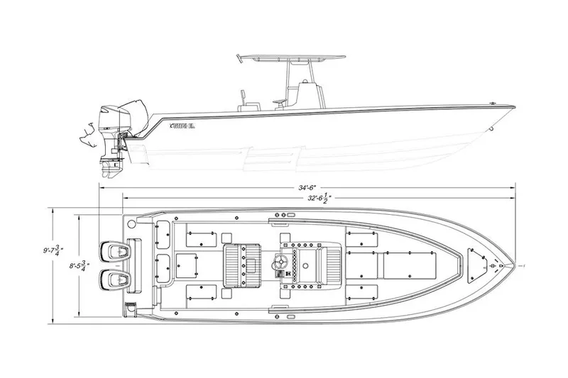 Slide: The Image of Manufacturer Provided Image: Blueprint of a 2020 Contender 32 ST boat, side and top views. - 110