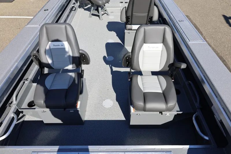 Slide: The Image of Interior of 2026 Thunder Jet 229 Rush OT boat with gray seating arrangement. - 42