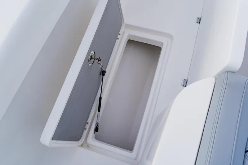 Slide: The Image of Open storage compartment on 2024 Orion 29CC boat, featuring a secure latch and hydraulic support. - 25