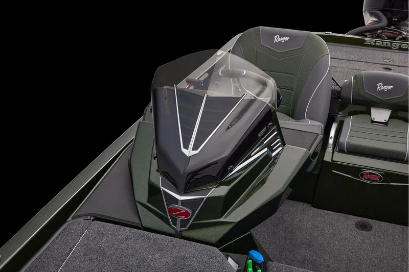 Slide: The Image of 2026 Ranger Z521 boat deck with measurement tool and storage compartments. - 32
