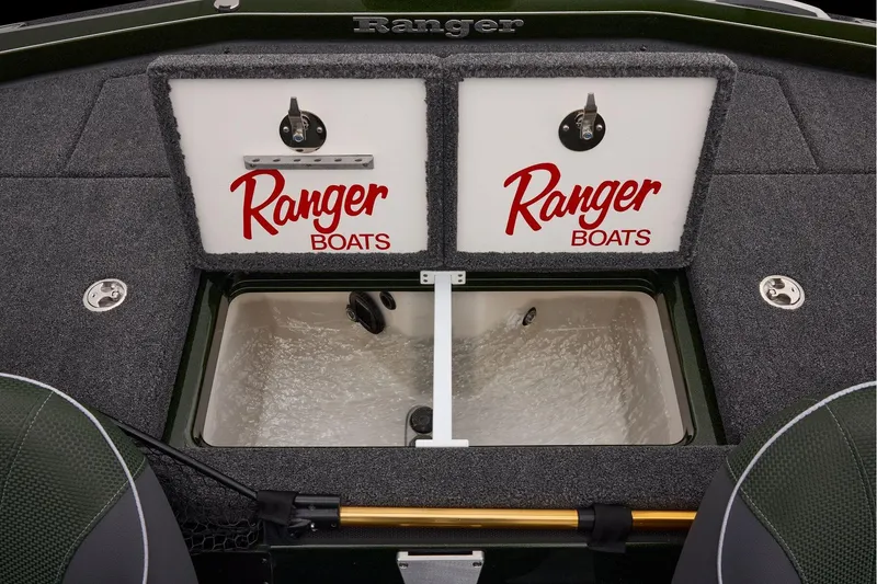 Slide: The Image of 2026 Ranger Z521 boat storage compartment with open lid and interior view. - 55