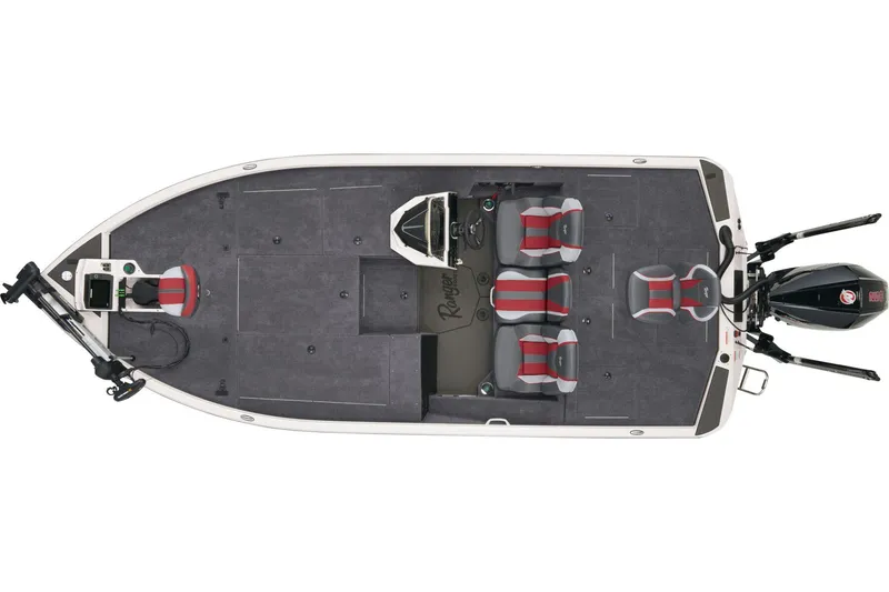 Slide: The Image of 2026 Ranger ALPHA 208 boat with powerful outboard motor in a parking lot. - 4