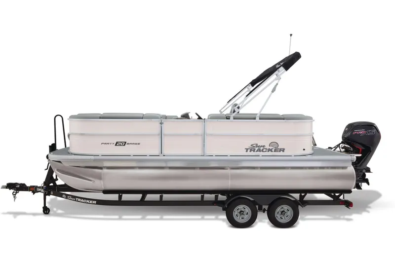 Slide: The Image of 2026 Sun Tracker Party Barge 20 DLX interior with steering console and seating. - 8