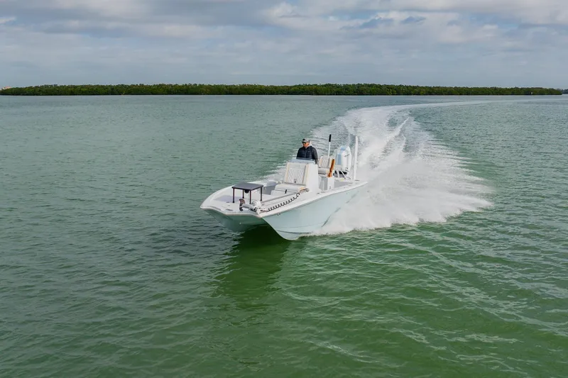 Slide: The Image of 2026 Broadwater 25 Bay Cat cruising on open water under a cloudy sky. - 12