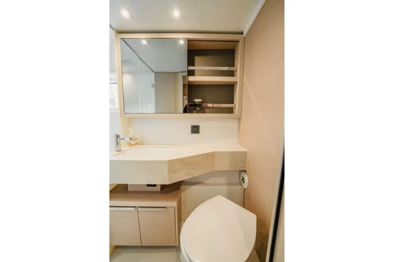 Slide: The Image of Modern bathroom interior of 2022 Lagoon 46 yacht with sleek fixtures and ample storage. - 112