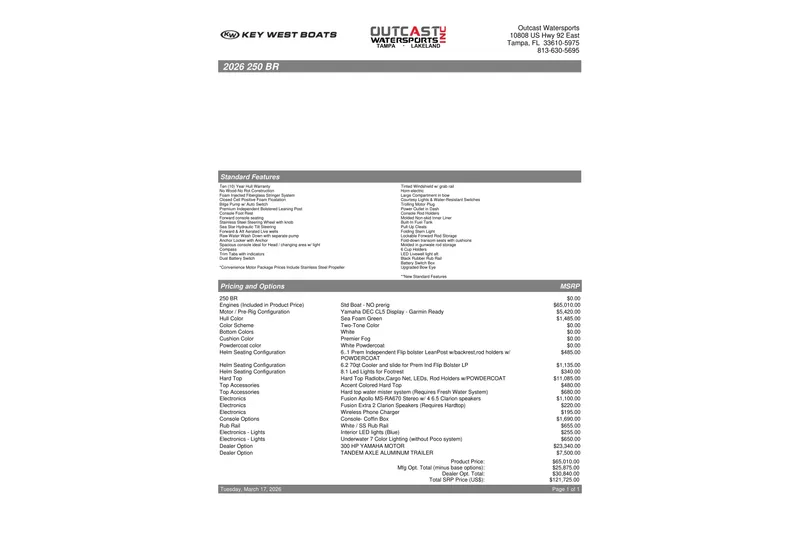 Slide: The Image of 2026 Key West 250 Bay Reef boat features and pricing details sheet. - 16