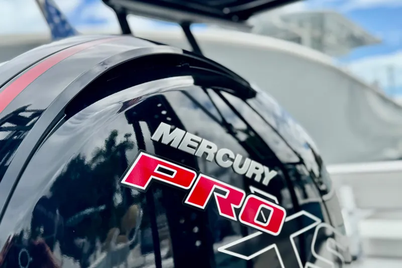 Slide: The Image of Close-up of Mercury Pro XS engine on Piranha B2000, 2026 model. - 11