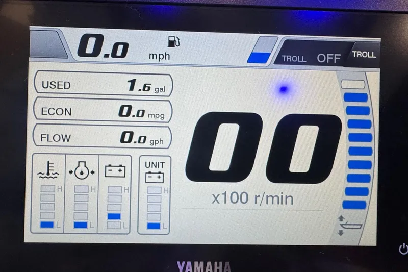 Slide: The Image of Display screen of a 2026 Sea Pro 222 Center Console boat showing fuel and engine data. - 12