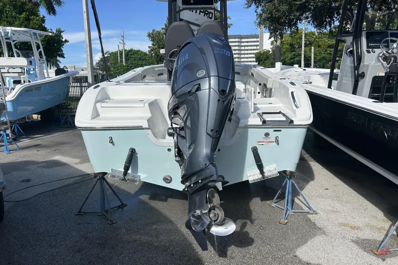 Slide: The Image of 2026 Sea Pro 222 Center Console boat with Yamaha outboard motor on display. - 2