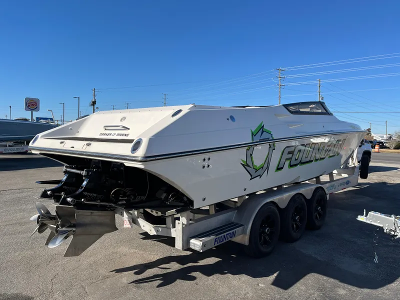 Slide: The Image of 2007 Fountain 35 Lightning boat on trailer, side view. - 4