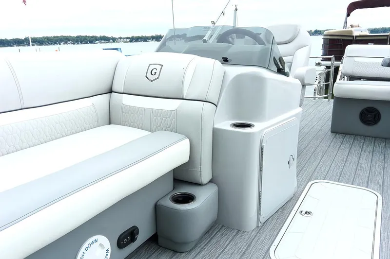 Slide: The Image of Manufacturer Provided Image: 2019 Sweetwater 2286 SFL pontoon boat interior with gray seating and helm. - 17