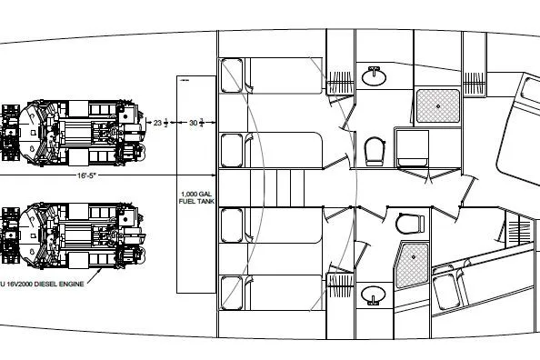 Slide: The Image of Blueprint of 2026 Titan Yachts Sportfish, showcasing engine layout and cabin design. - 3
