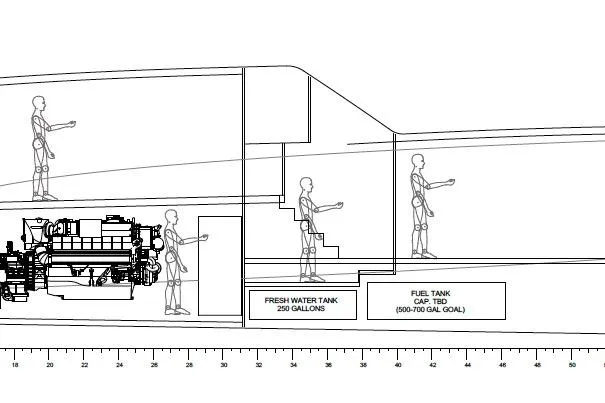 Slide: The Image of 2026 Titan Yachts Sportfish blueprint showing interior layout and tank capacities. - 4