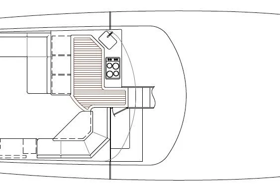 Slide: The Image of 2026 Titan Yachts Sportfish floor plan, featuring kitchen and seating layout. - 2