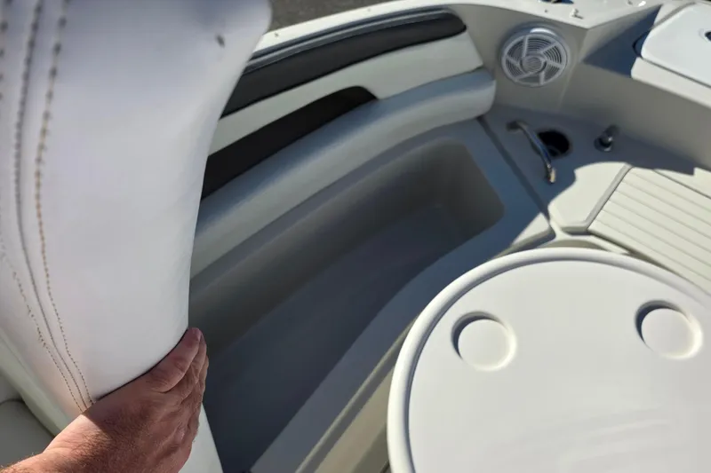 Slide: The Image of 2010 Sea Ray 260 Sundeck interior with seating and speaker detail. - 34