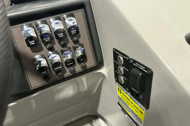 Slide: The Image of Control panel of 2026 Manitou Encore SL 230 SHP with labeled switches and capacity warning. - 15