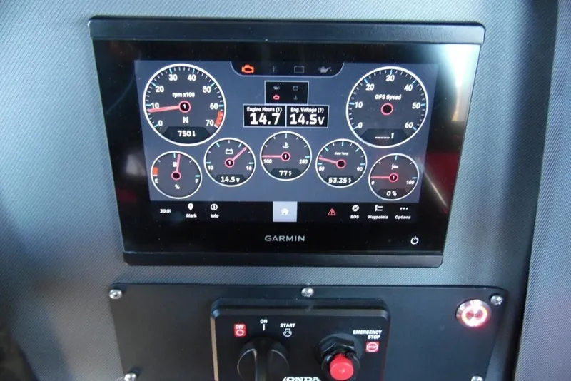 Slide: The Image of Garmin display on 2023 Manitou 25 XT RFX showing engine metrics and controls. - 18