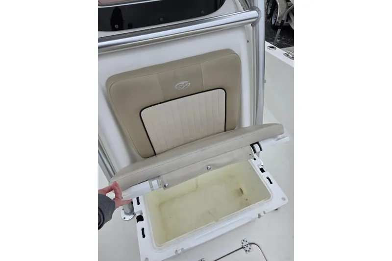 Slide: The Image of 2016 Sea Fox 22XTR Viper boat seat with storage compartment open. - 17