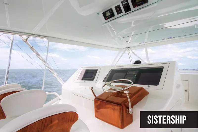 Slide: The Image of 2026 Titan Yachts sportfish helm with ocean view, featuring modern controls and sleek design. - 4