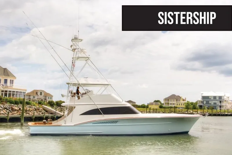 Slide: The Image of 2026 Titan Yachts sportfish boat cruising near coastal homes under cloudy skies. - 6