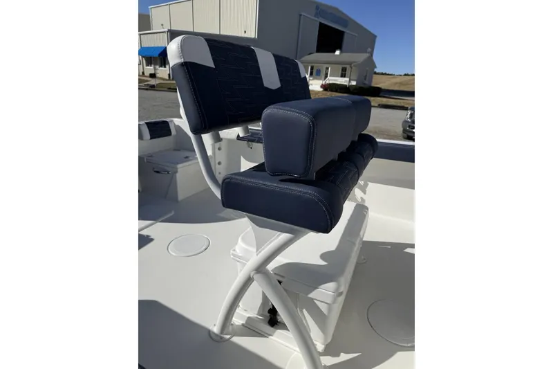 Slide: The Image of 2026 Parker 230 Coastal Elite boat seating with blue and white upholstery. - 3