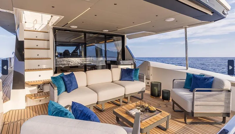 Slide: The Image of Luxurious 2025 Absolute 60 Fly yacht deck with elegant seating and ocean view. - 6