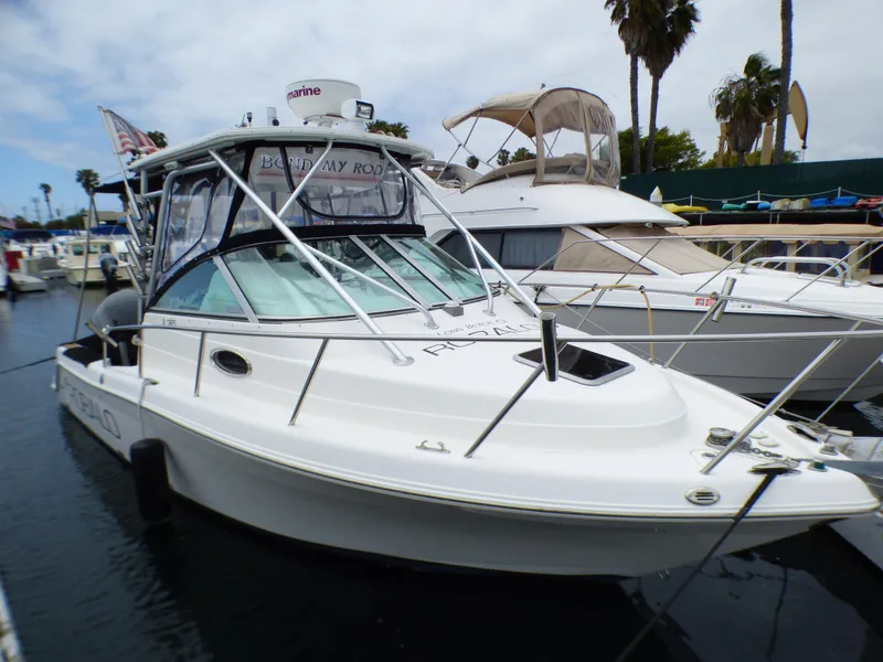 The Image of 2004 Robalo R265 Walkaround boat docked at marina with palm trees in background. - 0