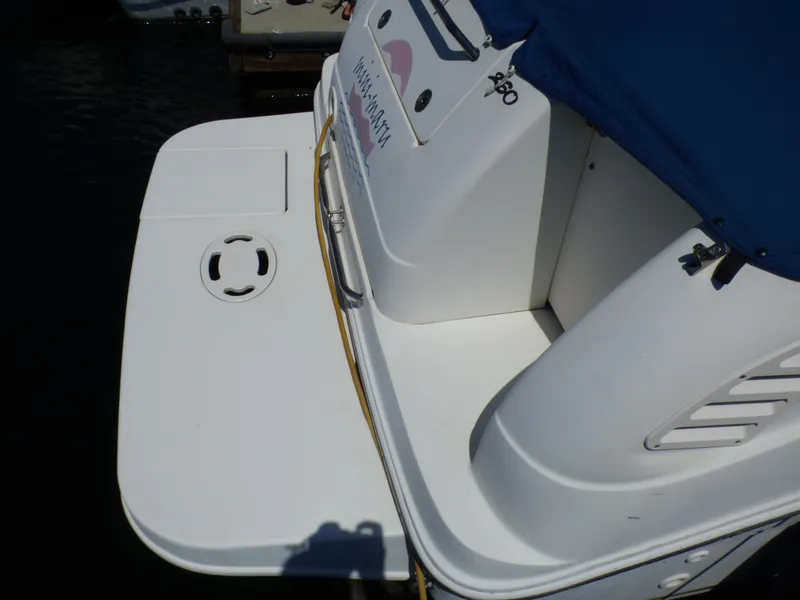 Slide: The Image of 2003 Sea Ray 260 Sundancer boat with swim platform and blue cover. - 11