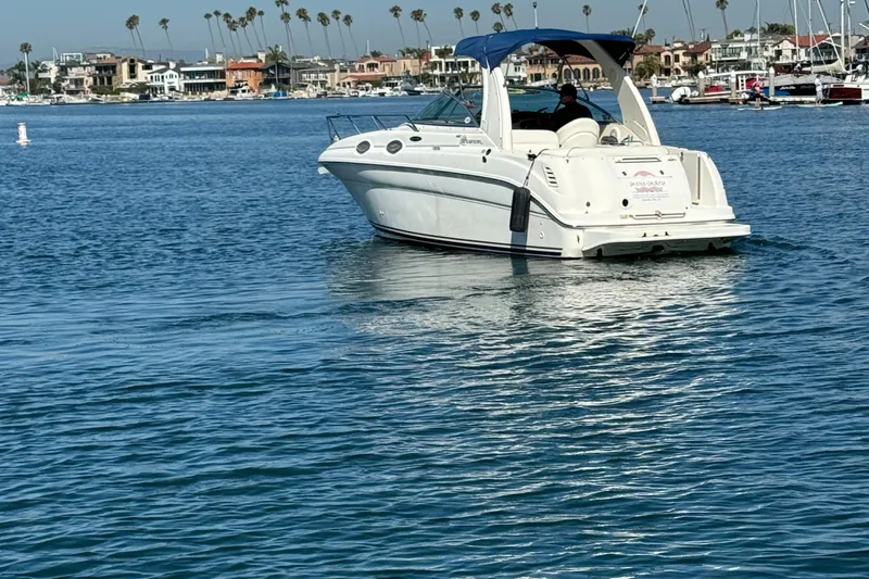 Slide: The Image of 2003 Sea Ray 260 Sundancer cruising on calm waters near a coastal town. - 3