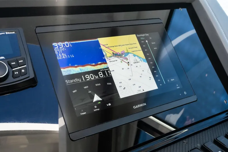 Slide: The Image of Garmin navigation display on 2023 Cruisers Yachts 42 Cantius, showing map and sonar data. - 24