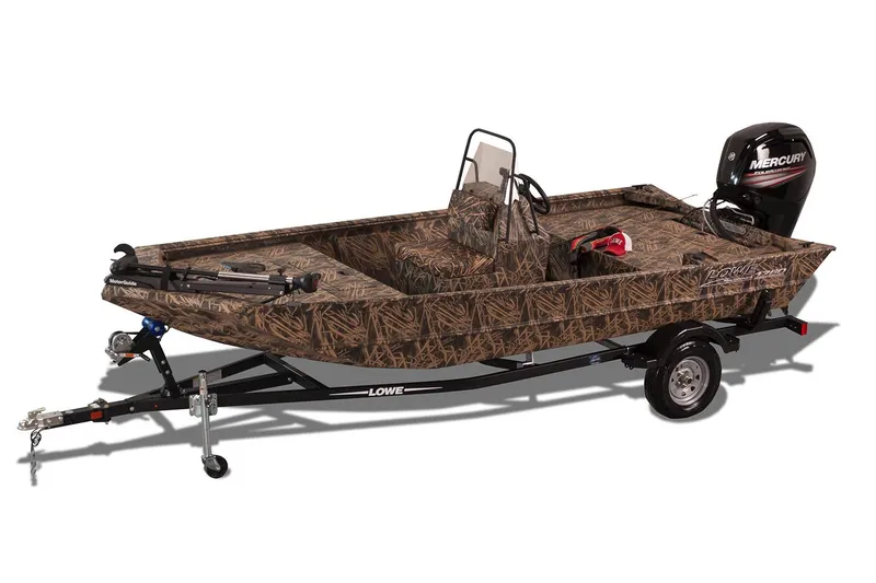 Slide: The Image of Manufacturer Provided Image: 2018 Lowe Roughneck 1760CC camo boat with Mercury outboard motor on trailer. - 21