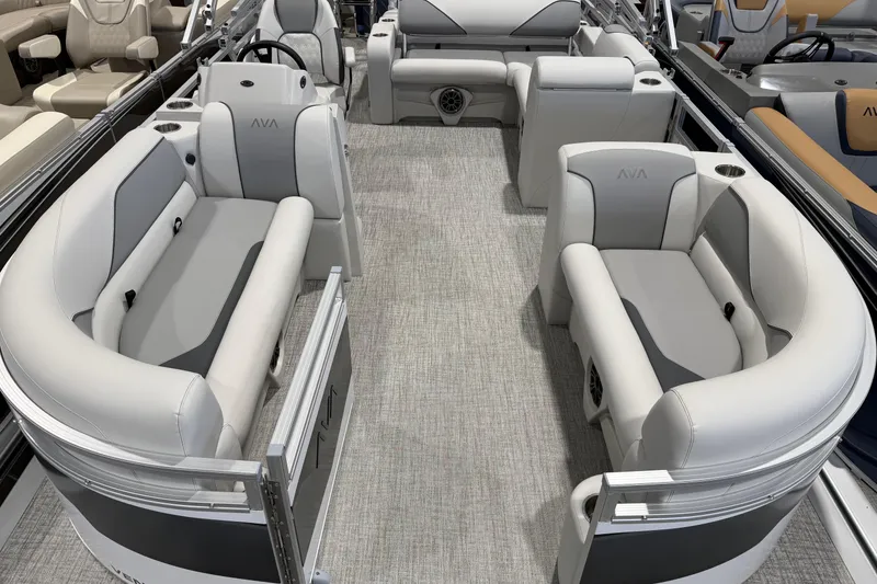 Slide: The Image of Luxurious interior of 2026 Avalon 2185 VENTURE 85 VRB pontoon boat with plush seating. - 3
