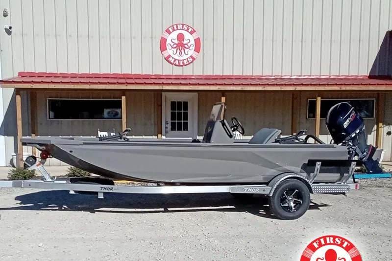 The Image of 2026 Thor 1900 Lake Hammer boat on trailer outside First Mates building. - 2