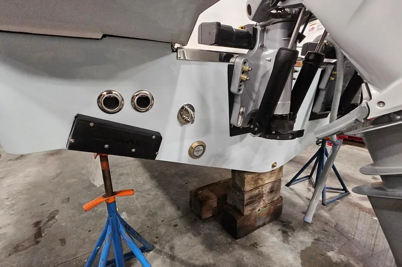 Slide: The Image of 2026 Southport 30 FE boat engine area on a stand in a workshop. - 36