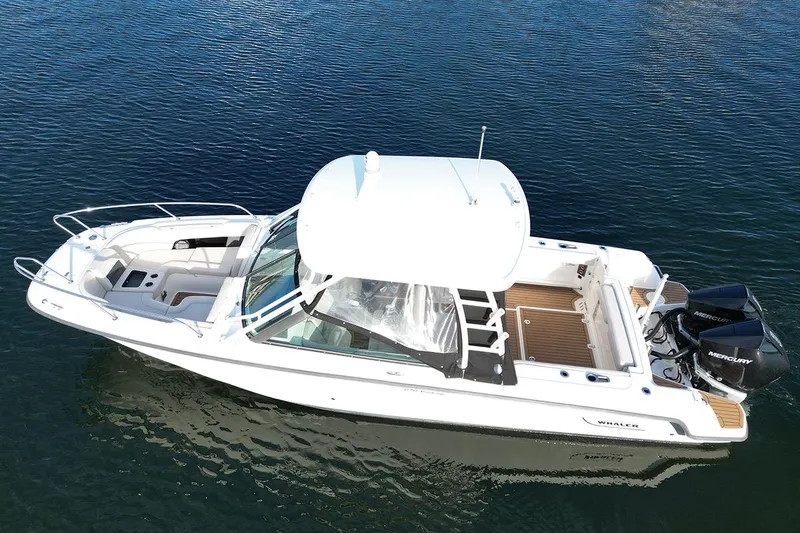 Slide: The Image of 2019 Boston Whaler 270 Vantage boat on calm water, aerial view. - 4
