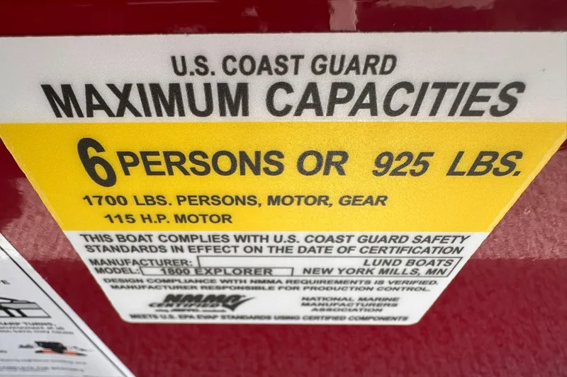 Slide: The Image of 2026 Lund 1800 Explorer Sport boat capacity label: 6 persons or 925 lbs, 115 HP motor. - 26