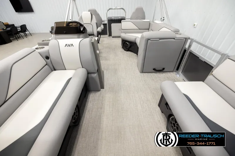Slide: The Image of Luxurious interior of 2026 Avalon VEN RF pontoon boat with plush seating and modern design. - 13