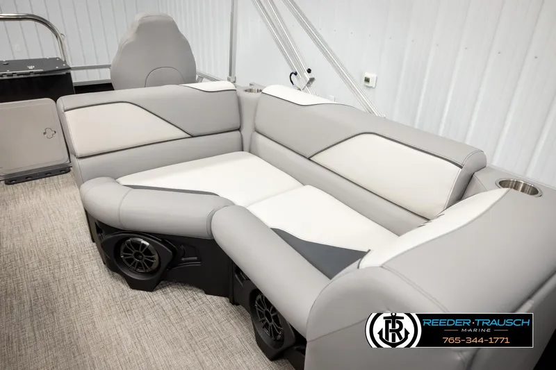 Slide: The Image of Luxurious seating in 2026 Avalon VEN RF boat with modern design and integrated speakers. - 20