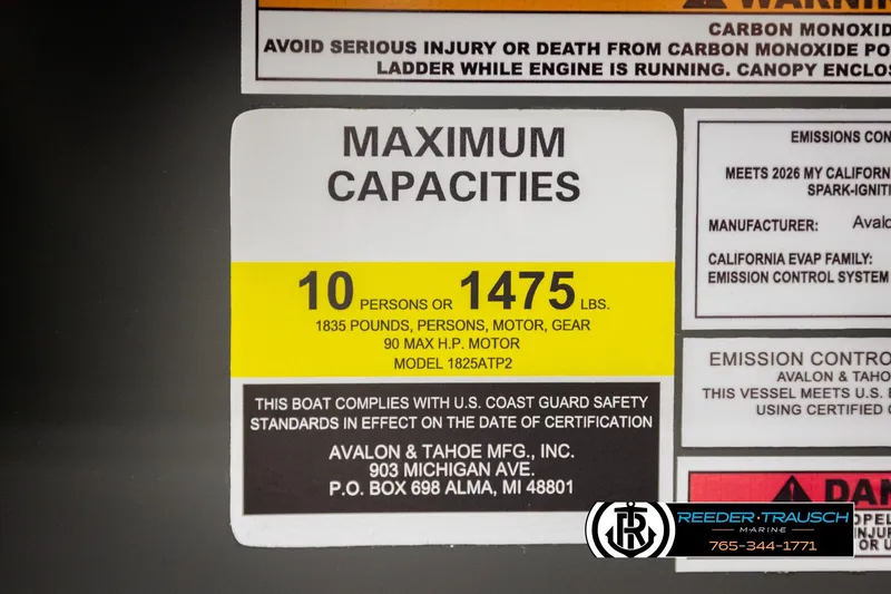Slide: The Image of 2026 Avalon VEN RF boat capacity label: 10 persons, 1475 lbs, 90 HP motor. - 52