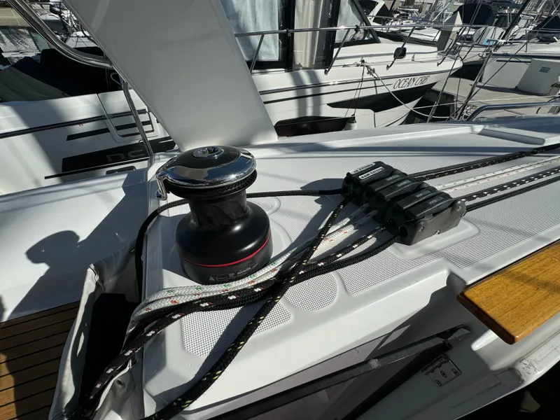 Slide: The Image of Beneteau Oceanis 35.1 sailboat deck with winch and rigging, 2021 model. - 29