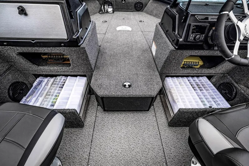 Slide: The Image of 2026 Lund 1875 Impact XS Sport boat interior with four cushioned seats. - 5