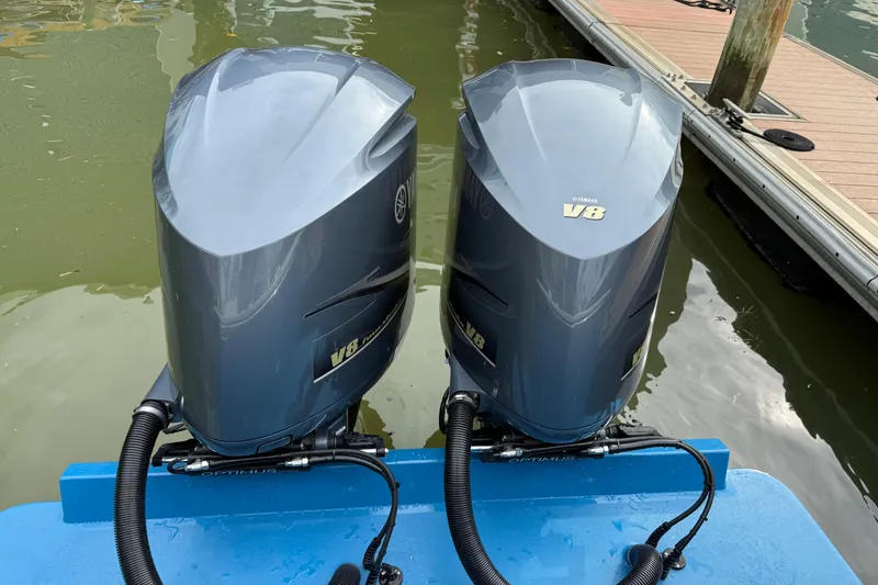 Slide: The Image of Twin Yamaha V8 outboard engines on a 2020 Albemarle 290 Express Fisherman boat. - 5
