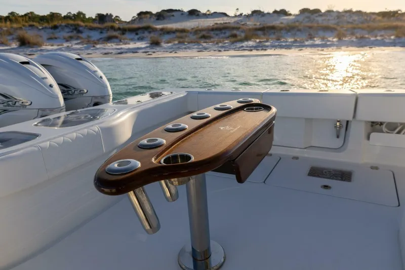 Slide: The Image of 2024 Freeman 47 boat with rod holders, ocean view, and sandy shoreline in the background. - 8