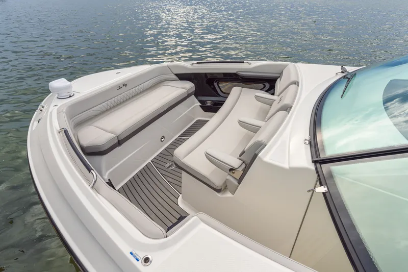 Slide: The Image of The image shows the bow of a 2027 Sea Ray SLX 360 Outboard with sleek seating. - 6
