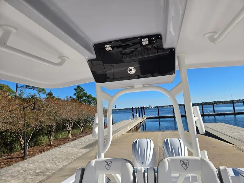 Slide: The Image of Interior view of 2024 Century 3200 boat overlooking the harbor. - 11
