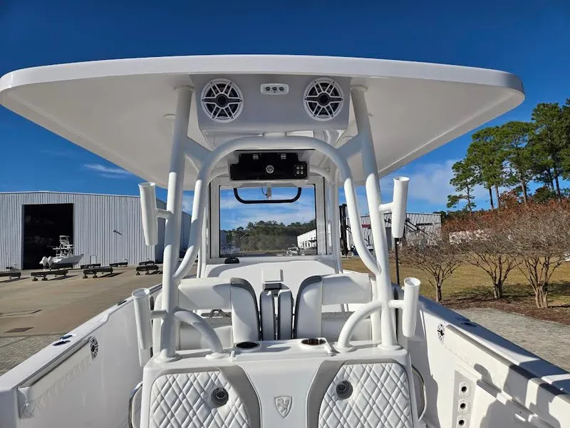 Slide: The Image of Interior view of 2024 Century 3200 boat with T-top and speakers. - 7