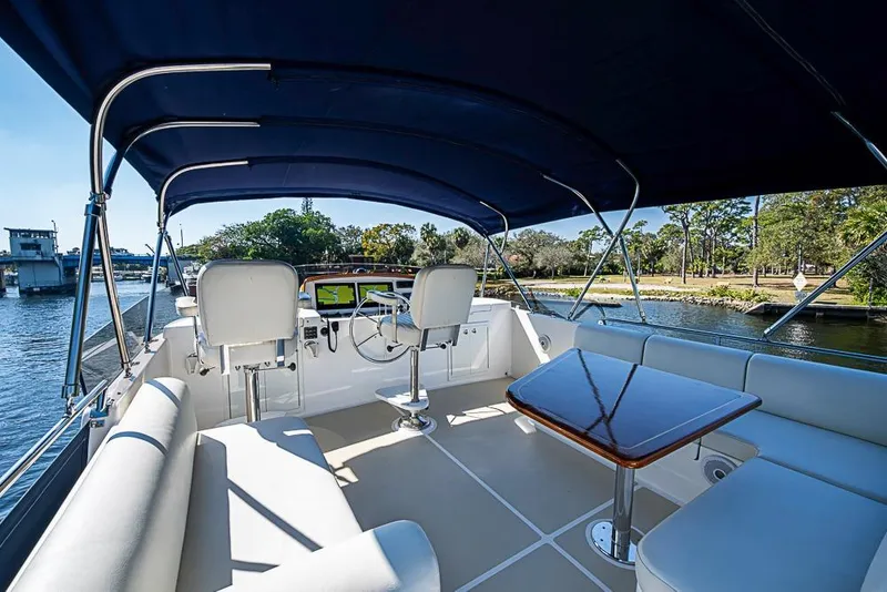 Slide: The Image of Flybridge of 2013 Grand Banks 43 Europa yacht with seating and table, under canopy. - 16